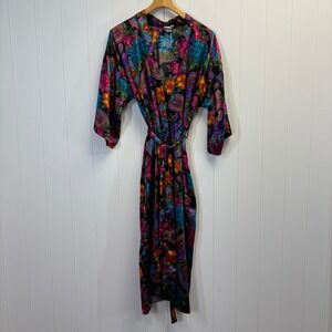 Vintage LA Intimates Boho Floral Satin Kimono Robe Women Size M Paisley Hippie